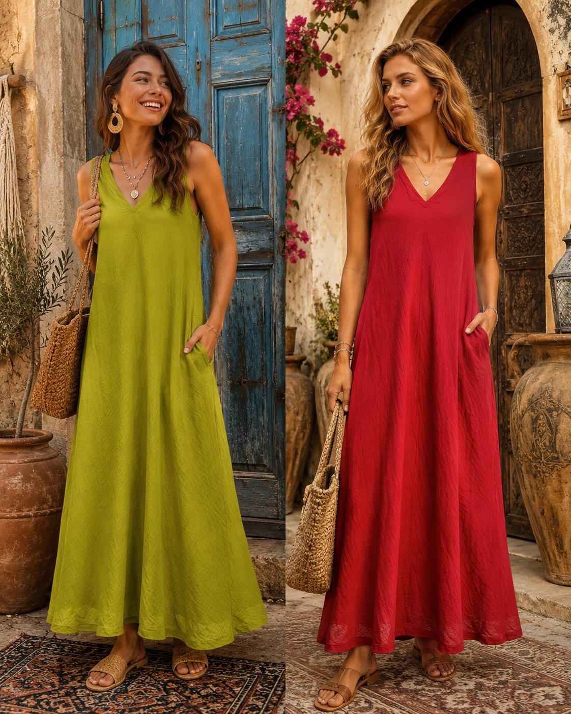 Yeşim Elbise - Fıstık Yeşili / Kırmızı